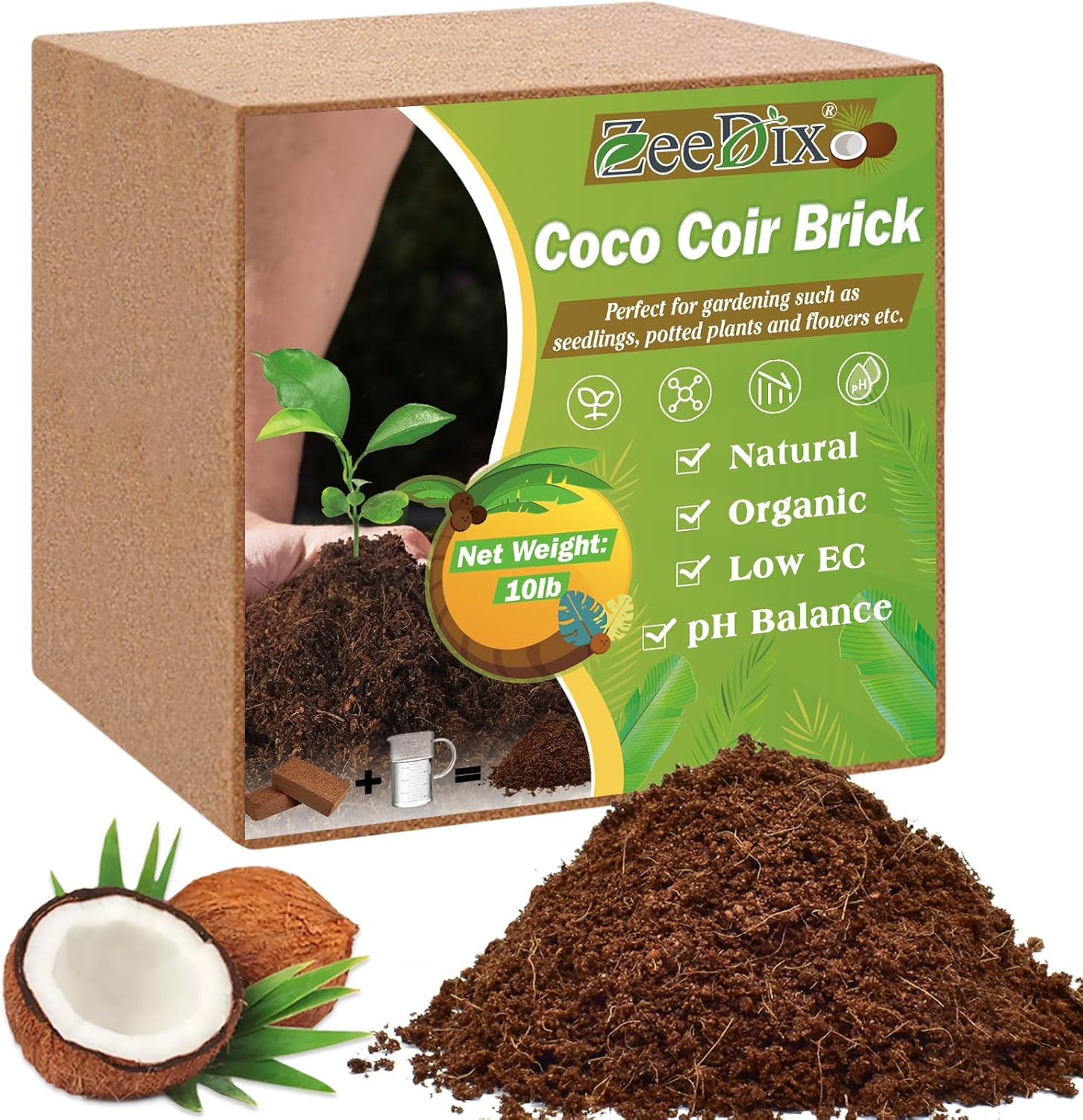 ZeeDix 10LB Premium Coconut Coir Compressed Coco Coir 100% Organic Coco Coir Brick Coconut Coir Bricks with Low EC and pH Balance for Plants Gardening Herbs