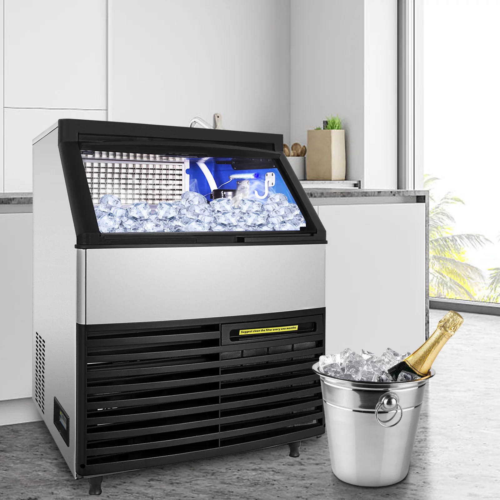 VEVORbrand 110V Commercial Ice Maker 440lbs/24H, Full Cube, LED Panel, Stainless Steel, Air Cooling, ETL Approved, Professional Refrigeration Equipment, Include Scoop and Connection Hose