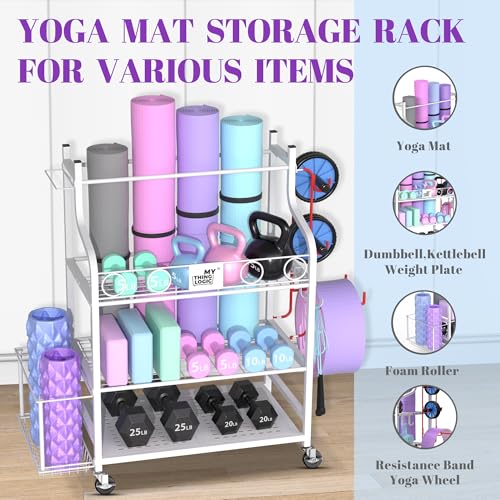Mythinglogic Yoga Mat Storage Racks,Home Gym Storage Rack for Dumbbells Kettlebells Foam Roller, Yoga Strap and Resistance Bands, Workout Equipment Storage Organizer With Hooks and Wheels