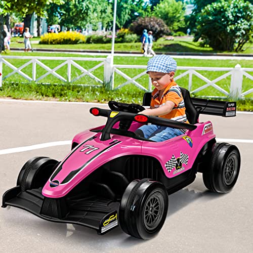 OLAKIDS 12V Ride On Car for Kids, F1 Racing Electric Vehicle for Toddlers with Remote Control, Battery Powered Motorized Toy with Music, Horn, 2 Speeds, Wheels Suspension, LED Lights, MP3 (Pink)