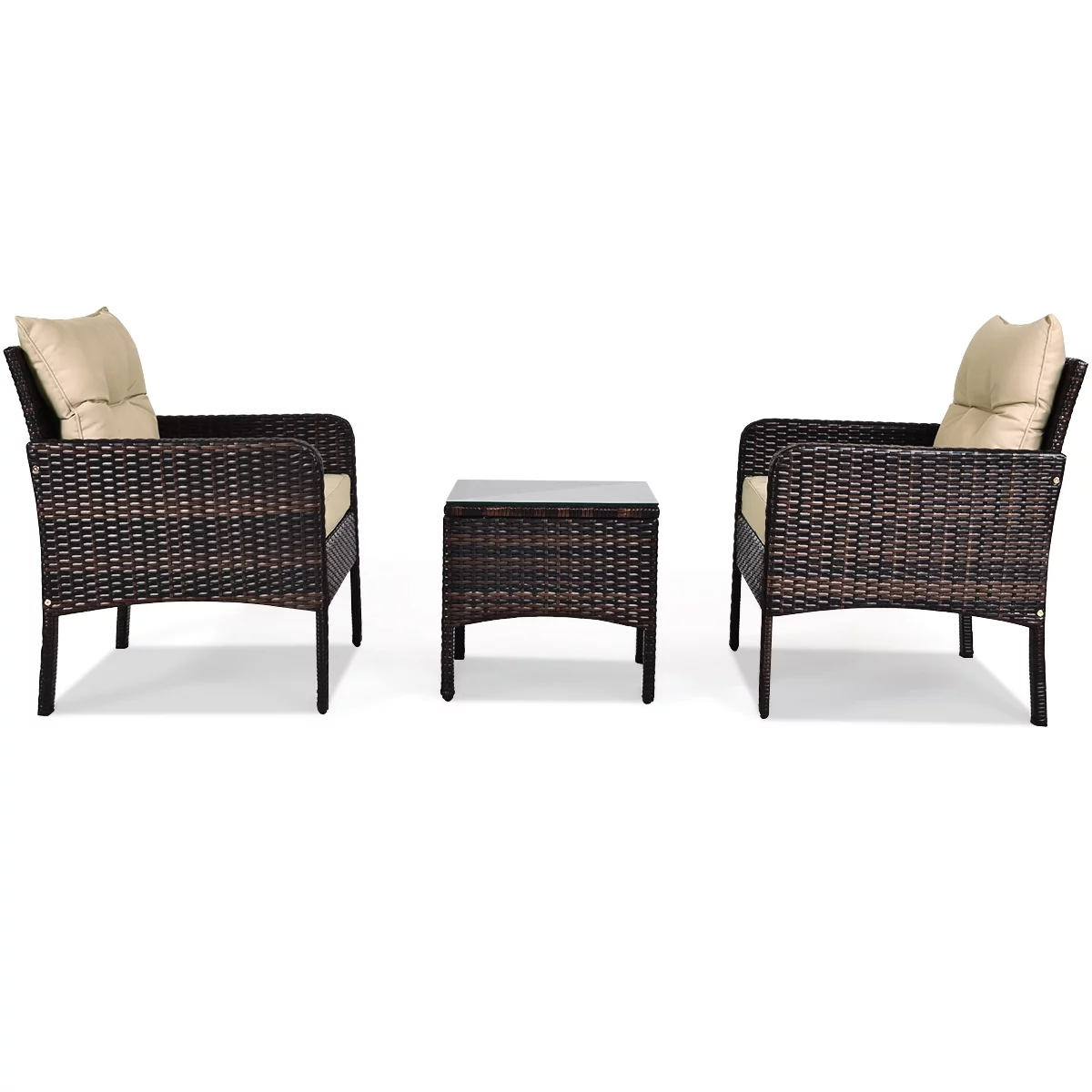 Gymax 3PCS Patio Outdoor Rattan Furniture Set Brown w/ Cushioned Chairs Coffee Table