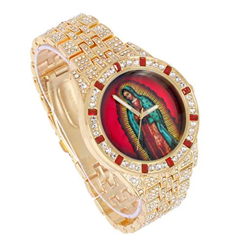 Charles Raymond The Virgin of Guadalupe Blessed Dial - Mens Hip Hop Metal Timepiece - Blood Red Baguettes and Clear Rhinestones on Trim w/Iced Cuban Bracelet - (ST10361BC Gold)