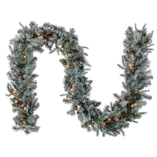 National Tree Company 9 ft Pre-Lit Arctic Spruce Artificial Christmas Garland, Christmas Decoration with Pinecones, 50 Clear Lights, 350 Tips, Green