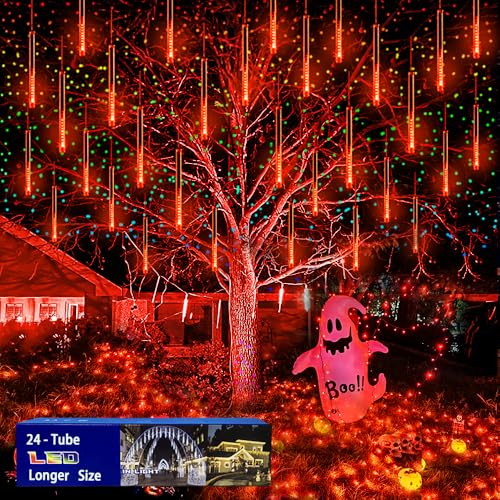 Halloween Lights, 24Tubes(Equivalent to 3 Sets of 8-Tubes) Purtuemy Meteor Shower Orange Lights Icicle String Lights for Halloween Christmas Decorations Tree Party Yard Outdoor Fall Decor, UL Plug