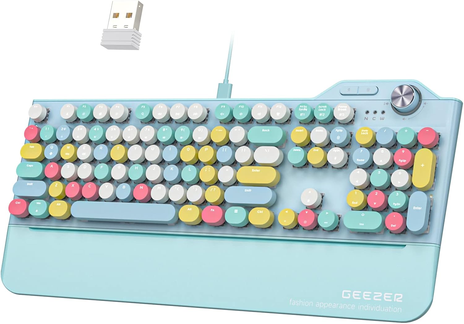 Wireless Mechanical Keyboard with LED Backlit, Bluetooth 5.1/USB Wired Rechargeable 104 Keys Full-Size PC Gaming Keyboard, Blue Switch Round Keycap with Ergonomic Magnetic Wrist Rest for Windows, Mac