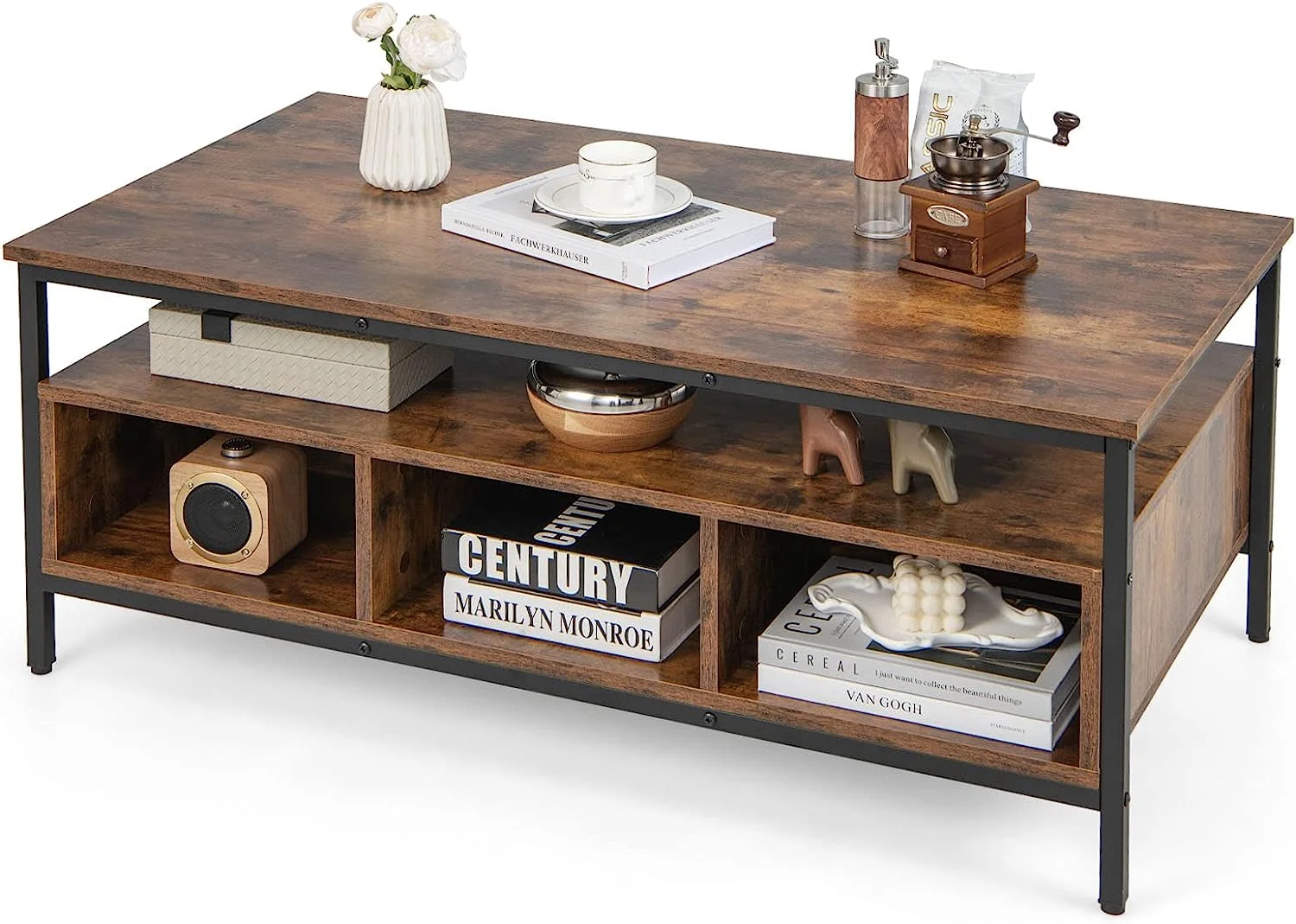 xrboomlife Industrial Coffee Table  43\u201D Wood Accent Tea Table with Open  & 6  Cubbies  Rectangle Center Table for Living Room  Reception Room  Bedroom