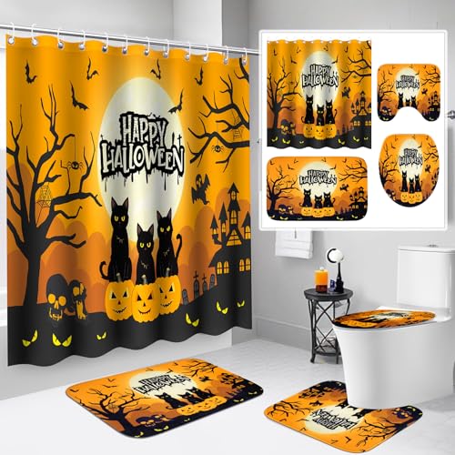 4Pcs Christmas Shower Curtain Set - Merry Christmas Bathroom Set Holiday Shower Curtain with Non-Slip Rugs, Toilet Lid Cover and Bath Mat