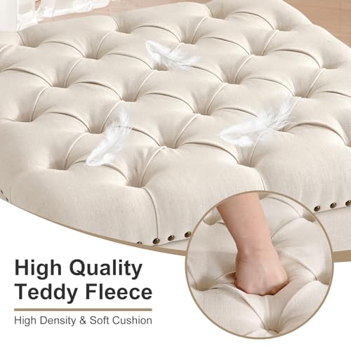 BEDHOURS Large Square Ottoman Coffee Table with Rivet Decoration, Hand-folded Roll Style Storage Ottoman with Solid Wood Shelf (Beige)