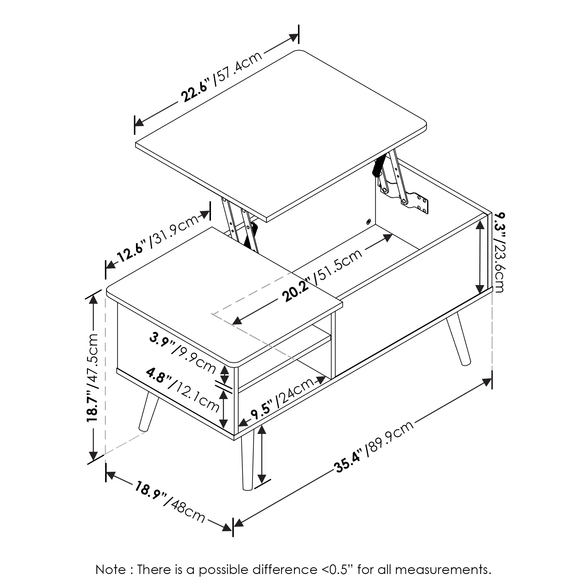 Furinno Jensen Lift Top Coffee Table With Wooden Leg, Solid White