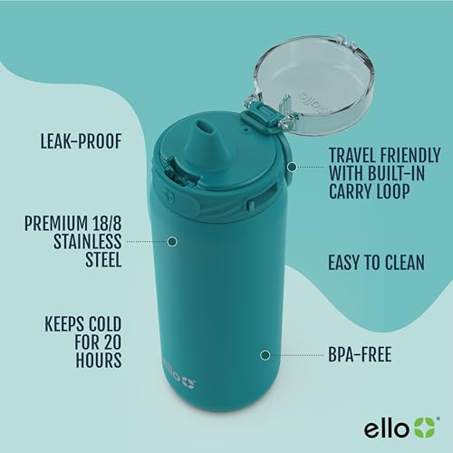 Ello Cooper 32oz Stainless Steel Water Bottle with Straw and Carry Handle, Double Walled and Vacuum Insulated Metal, Leak Proof Locking Lid with Soft Silicone Spout, Reusable, BPA Free, Yucca