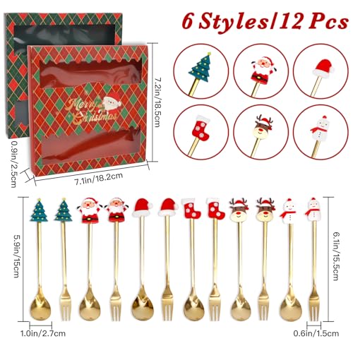 12pcs Christmas Spoons and Fork Set, Gold Christmas Stainless Steel Cutlery With Gift Box, Xmas Style Coffee Spoon Stirrer Utensils, Dessert Spoon Forks Set Flatware for Dinner, Holiday Party