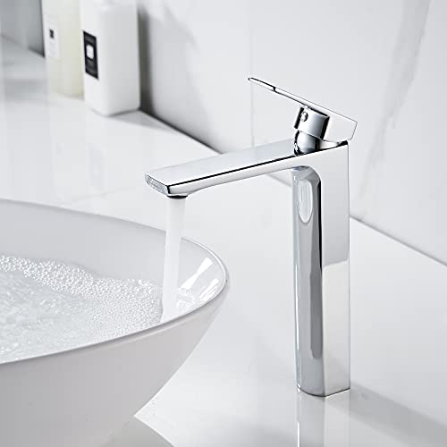 VOTON Vessel Sink Faucet Matte Black Tall Bathroom Faucet Single Handle Vanity Bathroom Sink Faucet 1 Hole Basin Mixer Tap with Water Supply Hose and Pop Up Sink Drain