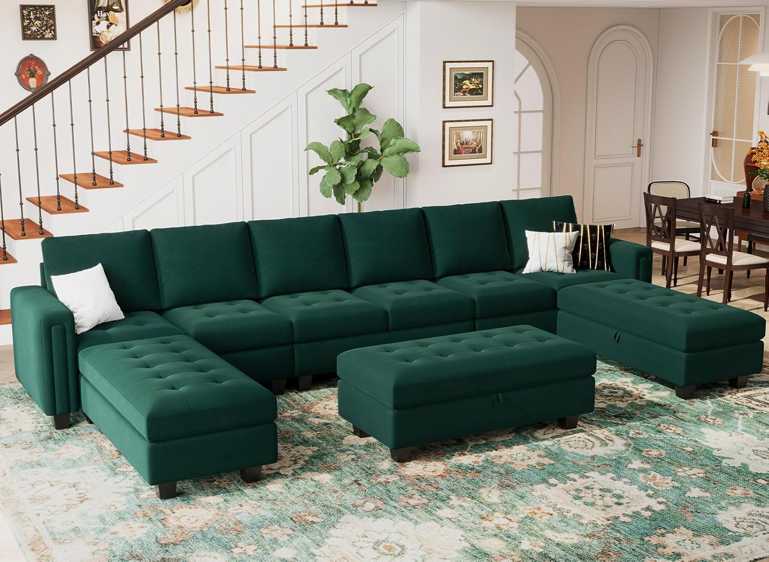 Belffin Velvet Storage Oversized Ottoman Module Bench Oversized Rectangular Ottoman for Modular Sectional Sofa Green