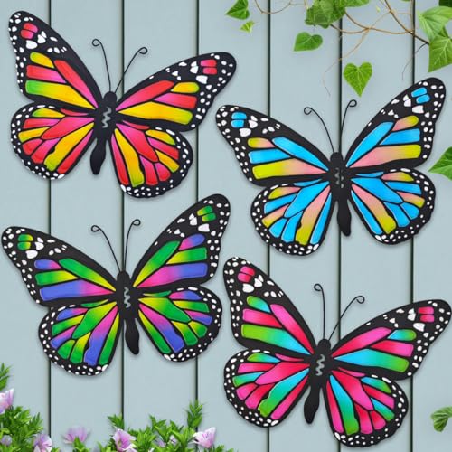Metal Butterfly Outdoor Decor - 4 Pack 9.8in Metal Butterflies Wall Sculpture Hanging Decor for Home Yard Fence Patio Garden Decoration