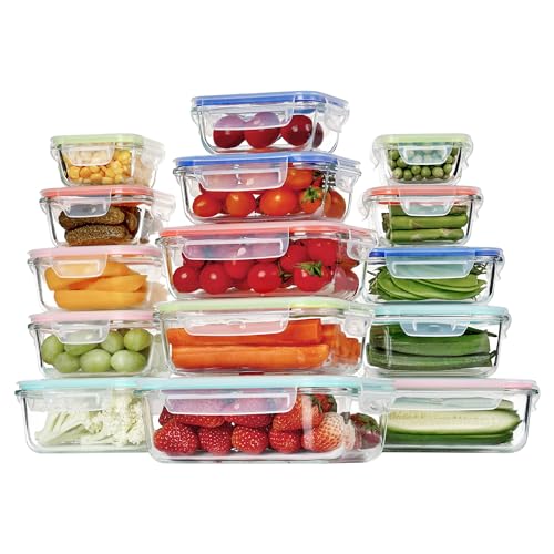 Vtopmart 15 Pack Glass Food Storage Containers with Lids, Glass Meal Prep Containers, Airtight Glass Bento Boxes with Leak Proof Locking Lids, for Microwave, Oven, Freezer and Dishwasher, BPA Free