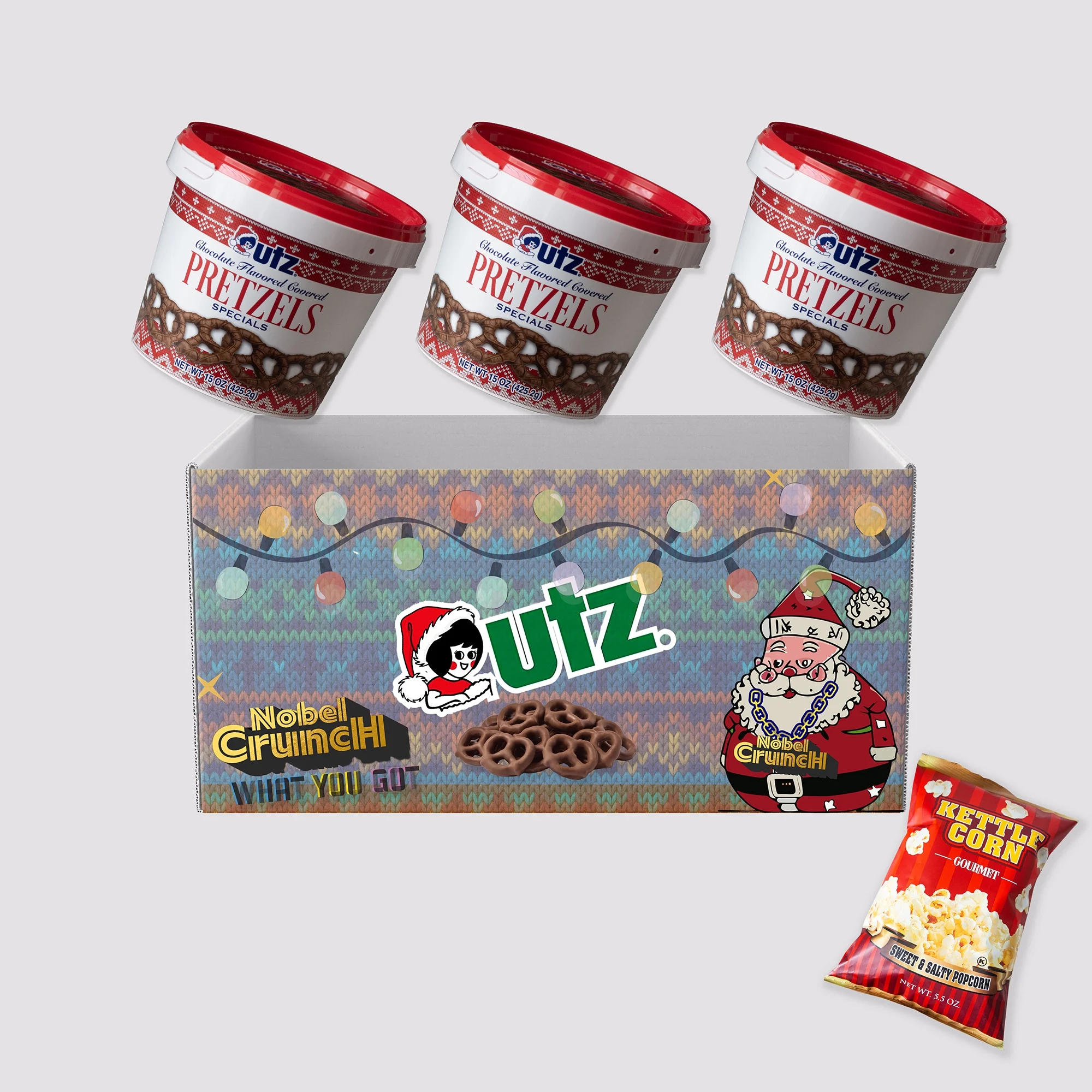 Utz Chocolate Flavored Covered Holiday Pretzels (3, 15oz barrels) - Sweet and Salty Kettle Popcorn (1, 5.5oz) - Bundled by Noblecrunch - 4 Items Total