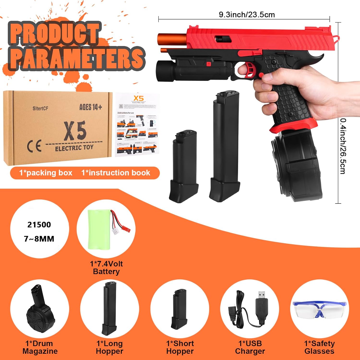 Electric Gel Toys New X5, Full Auto Splat-Blaster includes Drum and Goggles for Outdoor Team Game, JM-X2 Upgrade Version for Ages 14+,red