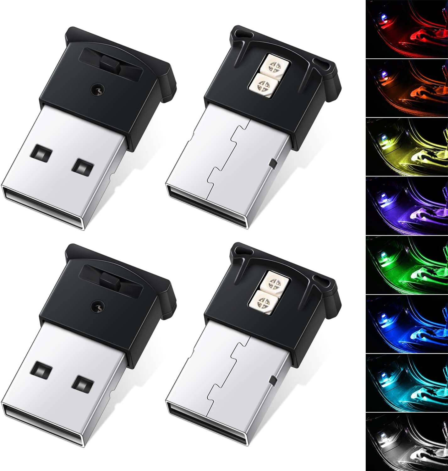 Ouzorp 4 Pcs Mini USB LED Light, 8 Colors RGB Car LED Interior Lighting DC 5V Smart USB LED Atmosphere Light Laptop Keyboard Light Home Office Decoration Night Lamp Adjustable Brightness