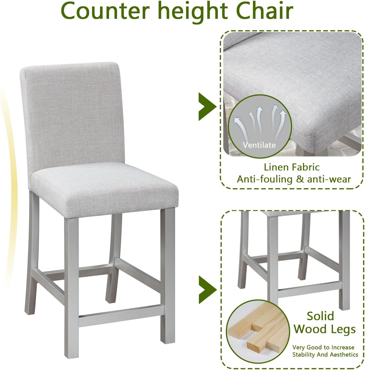 5-Piece Acacia Wood Counter Height Dining Table Set, 34.50'' Square Dining Table and 4 Upholstered-Seat Chairs, 4 Person Kitchen Dining Room Furniture Dinette Table Set, Space Saving (Grey-A2)