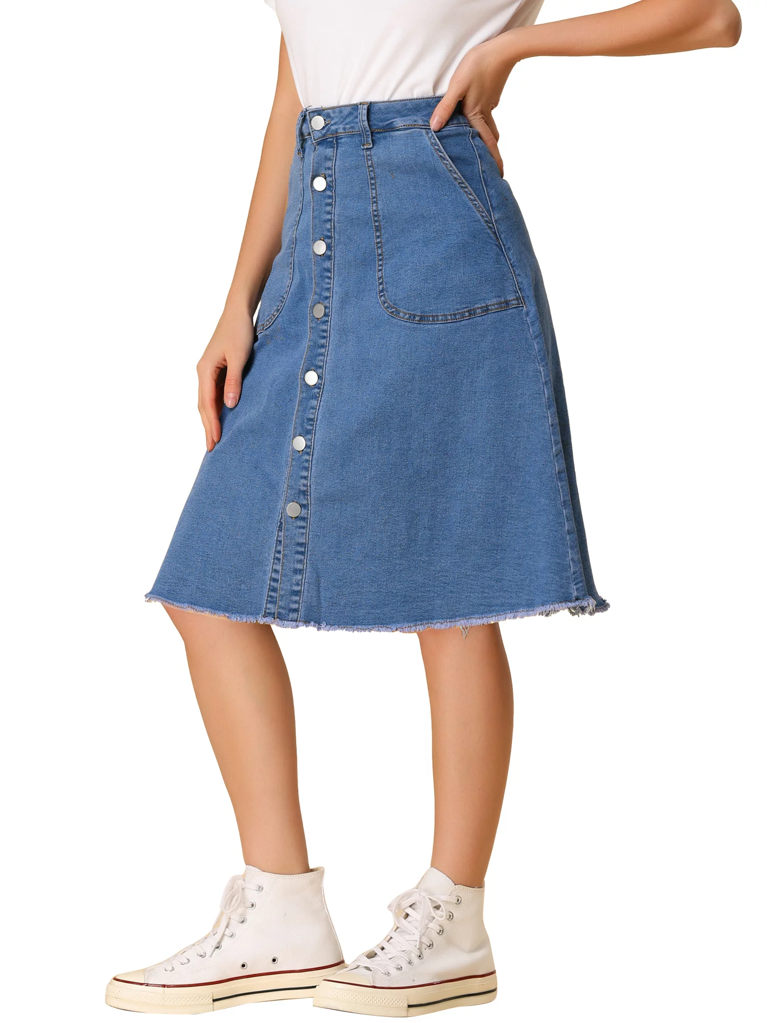 Allegra K Women's Denim Skirt Raw Hem Button Down A-Line Midi Jeans Skirts