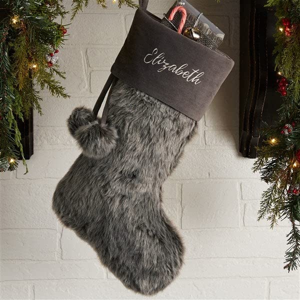 Personalization Universe Personalized Faux Fur Christmas Stocking in Grey - Customizable with Any Name or Monogram, Perfect for Holiday Decorations, 20