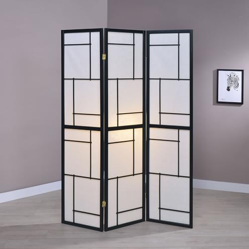 Coaster Home Furnishings - Damis - Solid Wood - 70-Inch 3-Panel Room Divider Folding Shoji Screen with White Paper Panels and Geometric Design - Living Room & Bedroom - Black and White - 900102