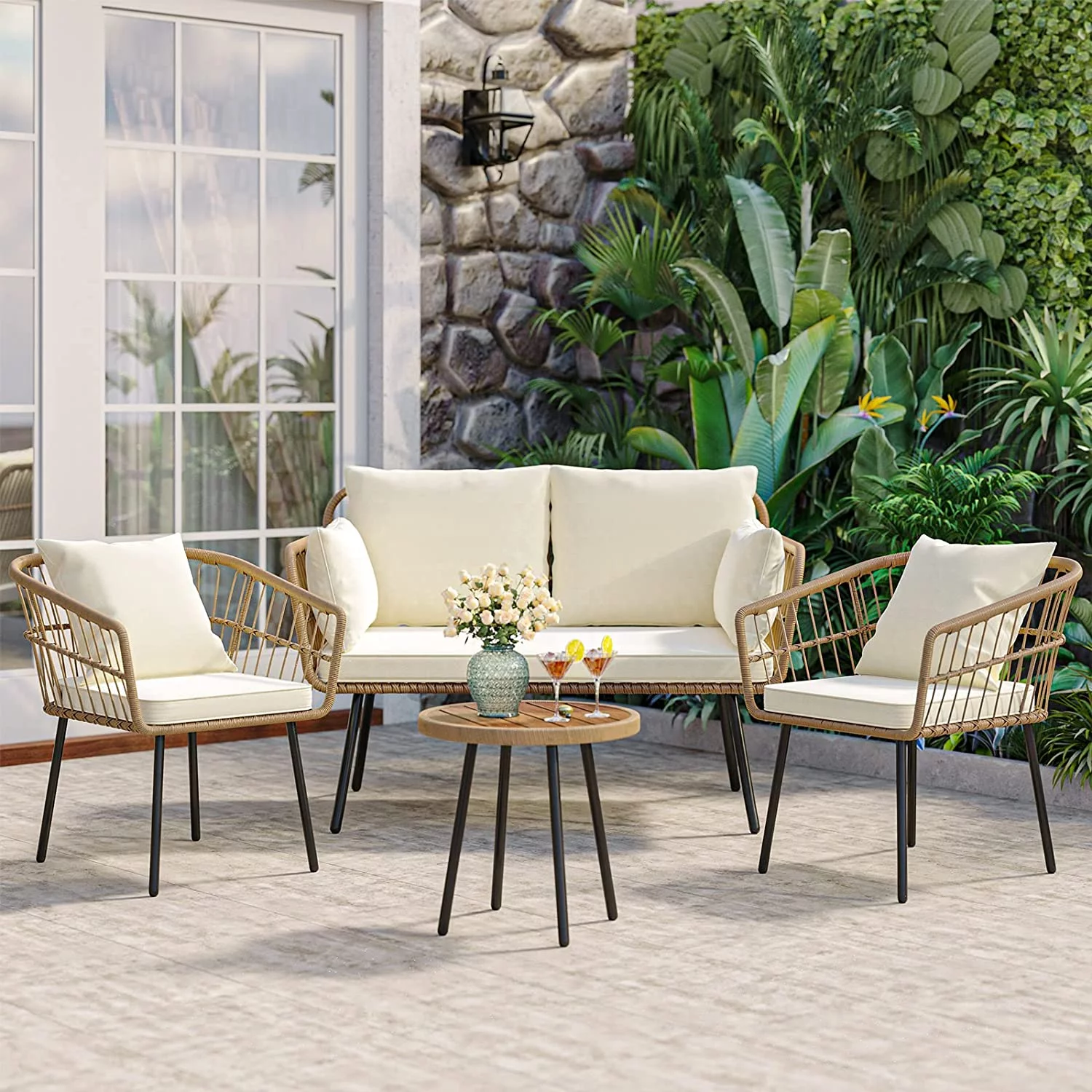 DEXTRUS Outdoor Patio Furniture Set 4 Pieces PE Rattan Wicker Sofa Set w/ Dining Table for Backyard, Pool, Deck, Garden - Beige