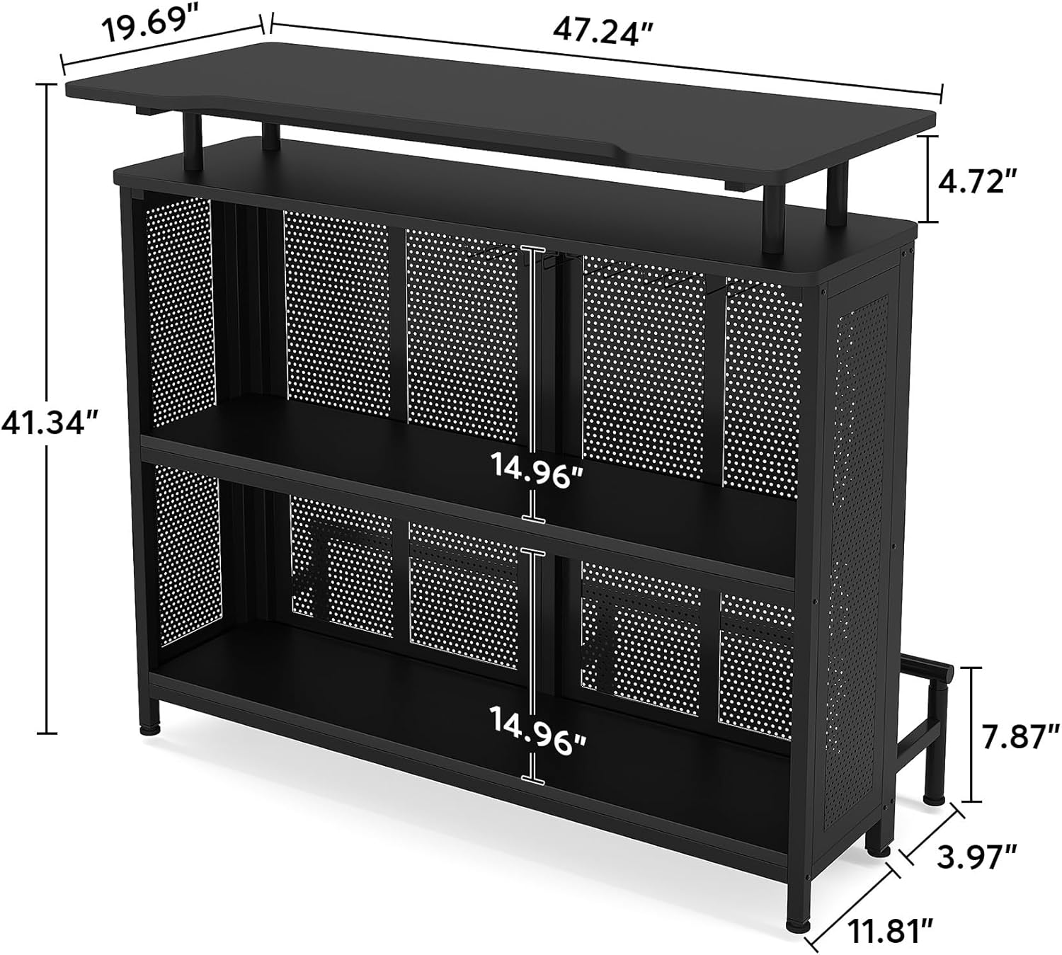 Industrial Liquor Bar Table, Portable Bar, Home Bar Unit Cabinet, Industrial 3-Tier Liquor Bar Table with Stemware Rack, Wine Bar Cabinet for Home Kitchen Pub