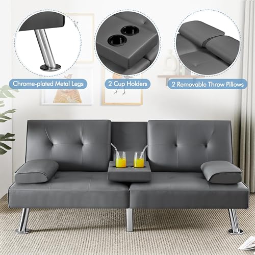 Yaheetech Convertible Sofa Bed Adjustable Fabric Couch Sleeper Modern Recliner Reversible Loveseat Folding Daybed Guest Bed, Removable Armrests, Cup Holders, 3 Angles, 772lb Capacity, Dark Gray