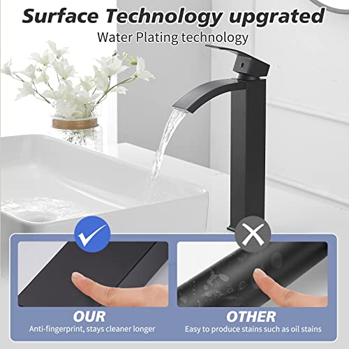 Brushed Nickel Vessel Sink Faucet, Waterfall Bathroom Faucets, Tall Spout Single Handle Single Hole Bathroom Faucets with Pop Up Drain and Without Overflow Basin Faucet Supply Line