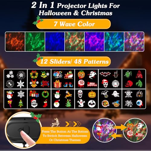 Halloween Projector, 2025 Upgrade 2-in-1 Halloween & Christmas Projector Lights Outdoor with 19 HD 3D Ocean Wave Effects, Remote Control, Timer, No Slide Design for Holiday Night Decoration