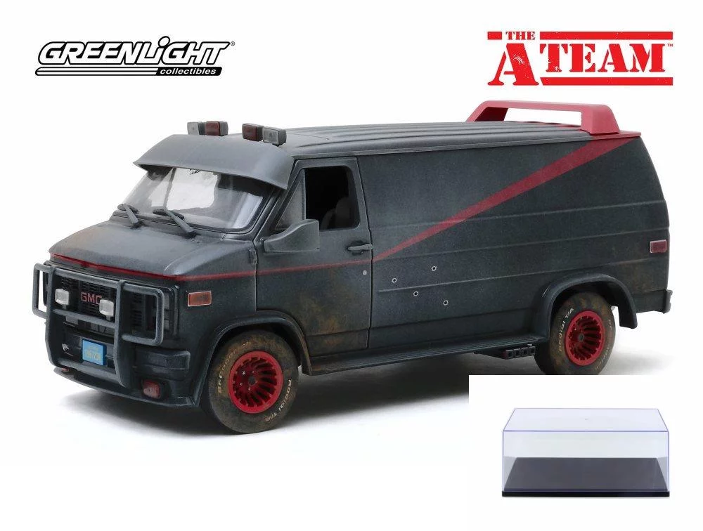 Diecast Car w/Display Case - 1983 GMC Vandura Weathered Version with Bullet Holes, The A-Team - Greenlight 13567 - 1/18 scale Diecast Model Toy Car