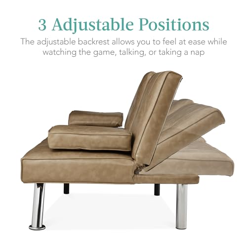 Best Choice Products Faux Leather Upholstered Modern Convertible Futon, Adjustable Folding Sofa Bed, Guest Bed w/Removable Armrests - Blue