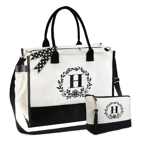 BeeGreen Mother's Day Gifts Personalized Women's Large White and Black Canvas Tote Bag, Embroidered Initials, Leather Handle, Zipper Closure