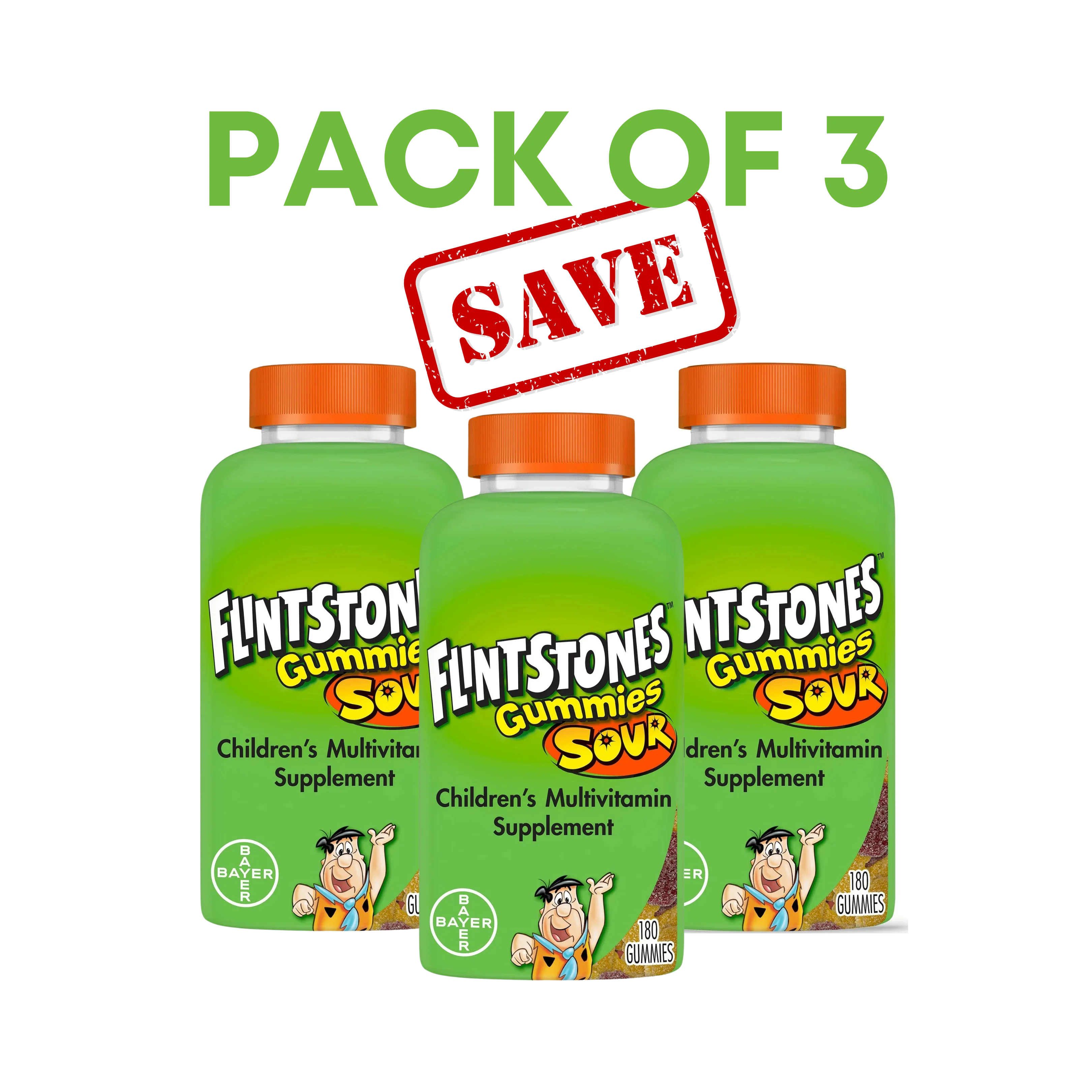 Flintstones Sour Gummies Kids Vitamins (Pack of 3), Multivitamin for Kids, 180 Ct