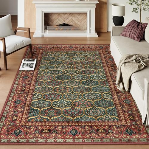 Lahome 8 x 10 Area Rugs for Living Room - Oriental Washable Non-Slip Large Rug Ultra-Thin Stain Resistant Dining Room Rugs for Under Table, Floral Vintage Print Carpet Rugs for Bedroom (Red, 8'x10')