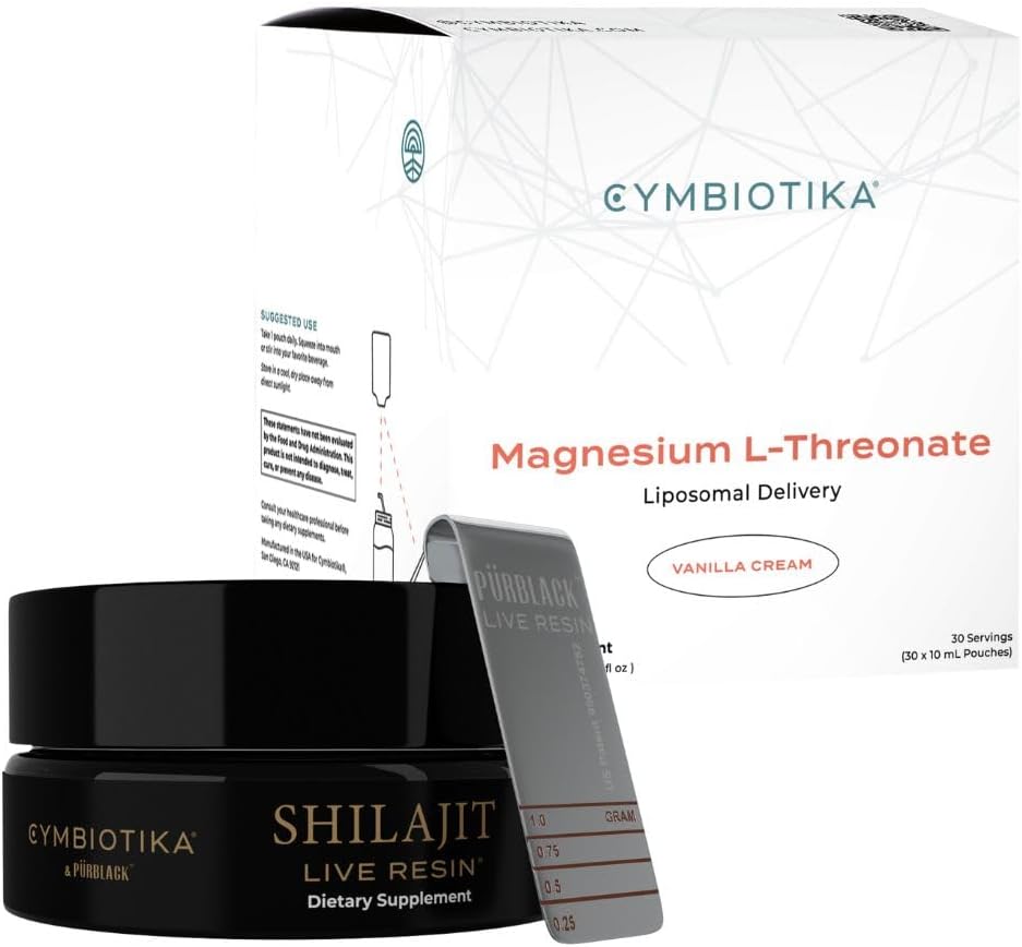 CYMBIOTIKA Liposomal Magnesium L-Threonate & Pure Shilajit Resin Bundle, Focus Memory Brain Support, 84+ Trace Minerals, Digestive & Immune Supplement