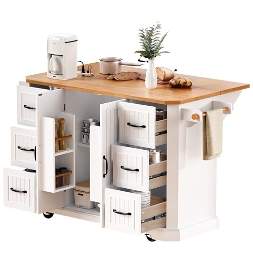 Amposei Rolling Kitchen Storage Island on Wheels with Power Outlet, Drop Leaf Breakfast Bar Kitchen Cart Island Table with Drawers, Door Shelf & Spice Rack, 55.5-Inch, White