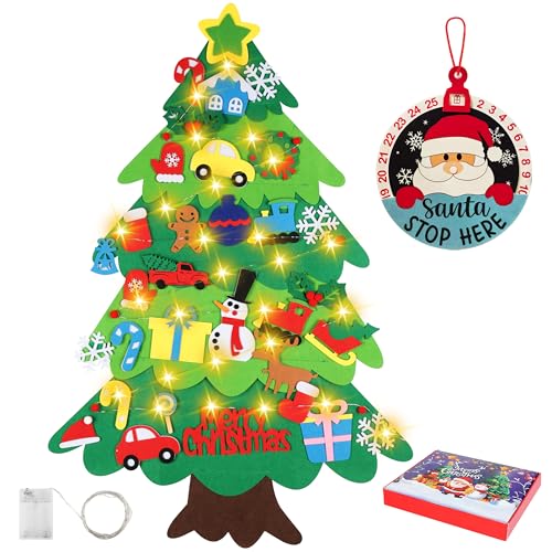 Onekka Felt Christmas Tree Set with 32 Ornaments for Kids, Xmas Gifts, 3.2ft DIY Felt Christmas Tree Wall Hanging Christmas Decorations with String Light (Batteries Not Included)