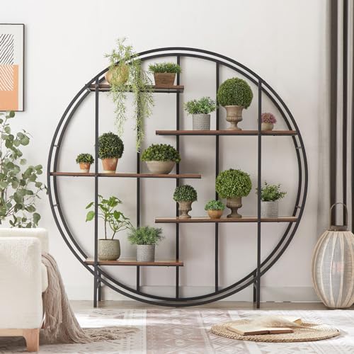 Plant Stand 5 Tier Tall Metal Plant Shelf for Indoor, Round Shaped Ladder Plant Shelf Holder, Plant Flower Pot Rack Display Stand for Living Room Patio Garden Balcony, Black+ Brown