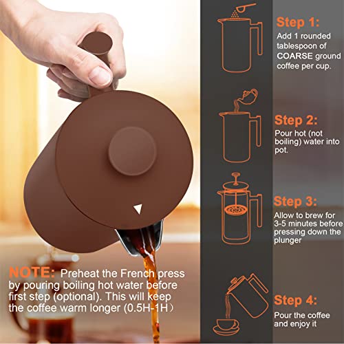 Secura French Press Coffee Maker, 304 Grade Stainless Steel Insulated Coffee Press with 2 Extra Screens, 34oz (1 Litre), Silver