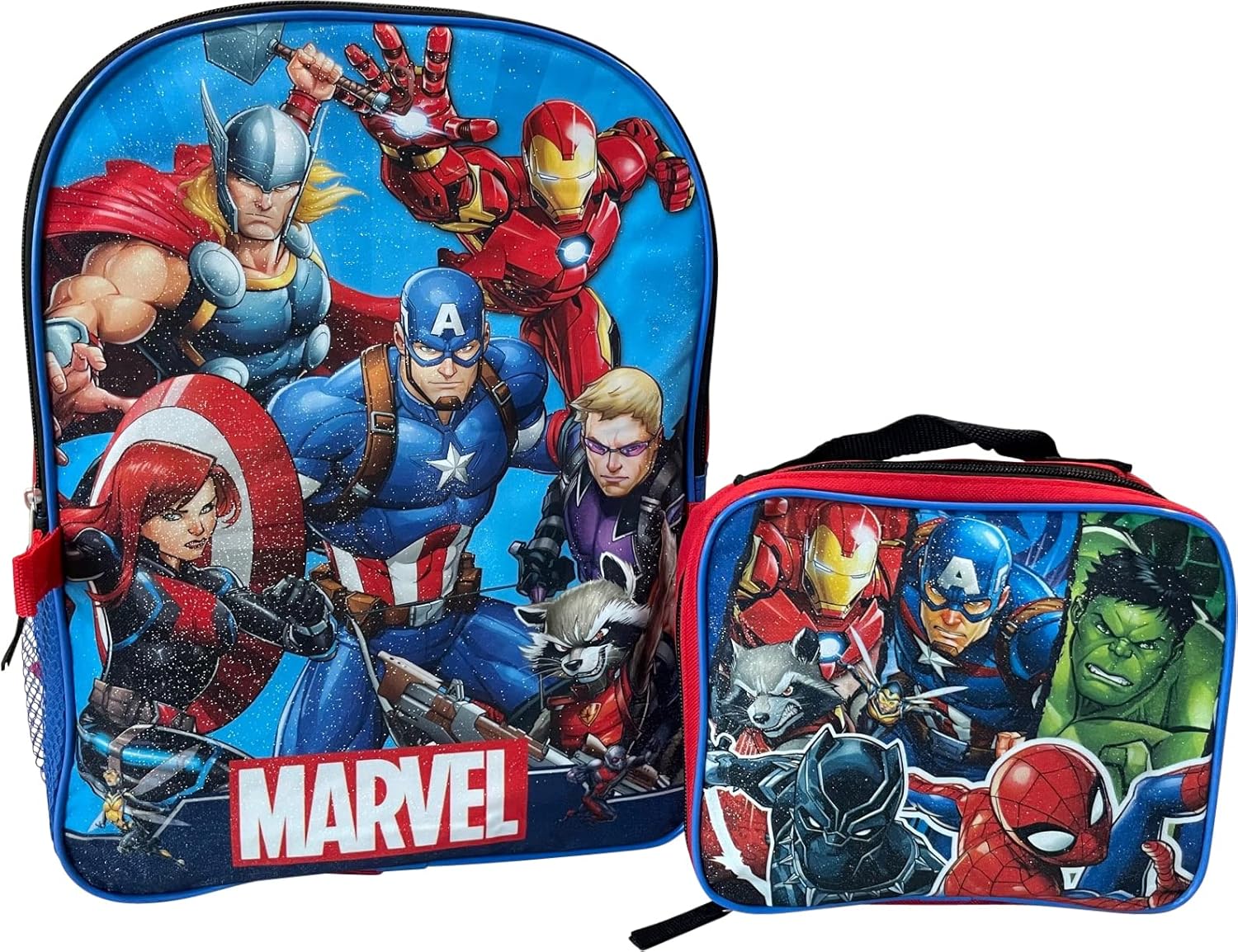 Marvel Avengers 15 Inch Kids Backpack With Removable Lunch Box Set (Red-Blue)