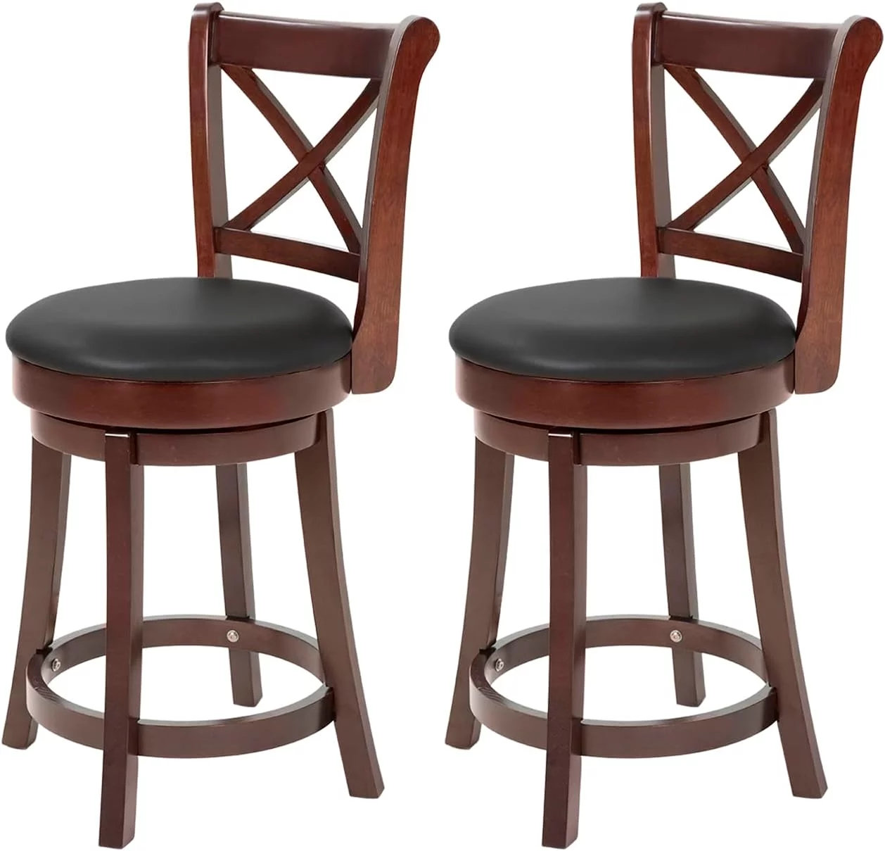 Bar Stools Counter Stools Kitchen Barstools with Wooden Low Back, 360 Degree Swivel, PU Leather Set of 2 (Brown)