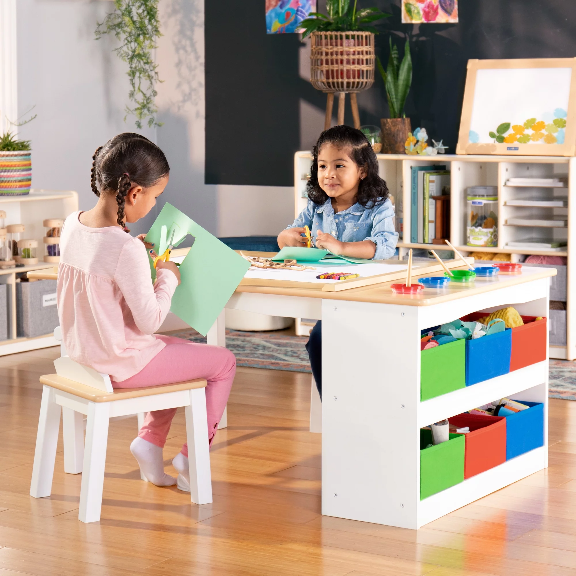 Guidecraft Arts and Crafts Center: Kids Activity Table and Drawing Desk with Stools, Storage Canvas Bins, Paper Roller, and Paint Cups | Toddlers Work Station - Children's Wooden Learning Furniture