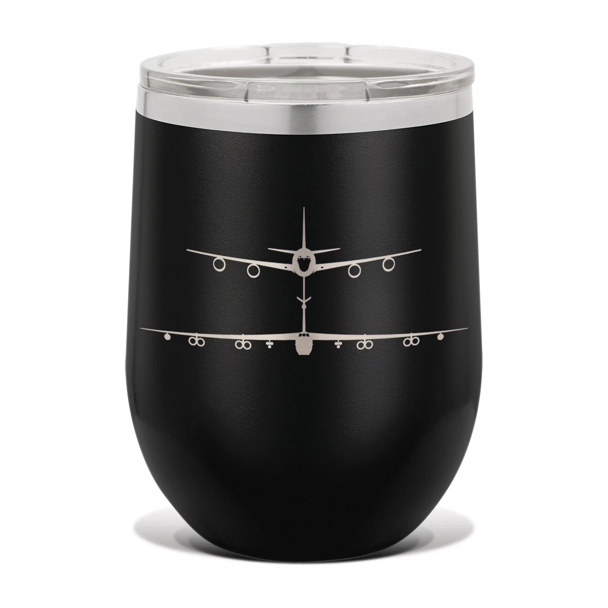 KC-135R Refeuling B-52 Wine Tumbler 12 oz - Laser Engraved - Stainless Steel - Double Walled - Wine Glass - Stemless - Drinkware Clear Lid - stratotanker stratofortress kc-135 kc135 b52 bomber - Black