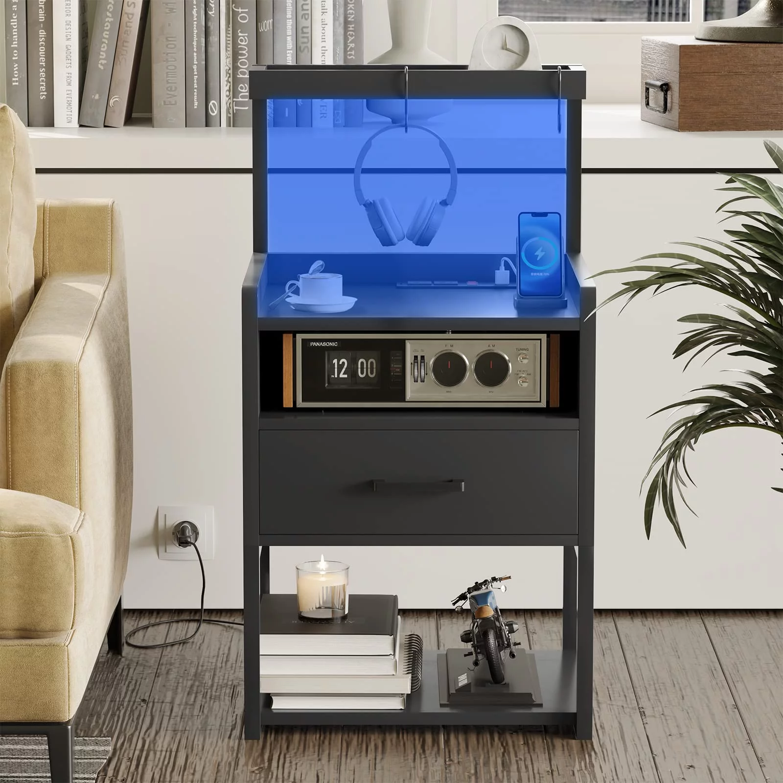 Afuhokles Nightstand with Charging Station and LED Lights, Night Stand with Drawer, Modern Bedside Tables for Bedroom, Black