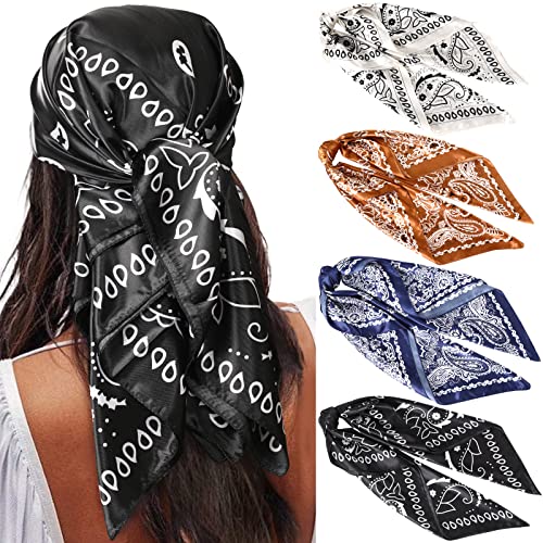 AWAYTR 35” Satin Large Square Head Scarves - 4PCS Silk Like Neck Scarf Hair Sleeping Wraps Satin Silk Scarfs for Women