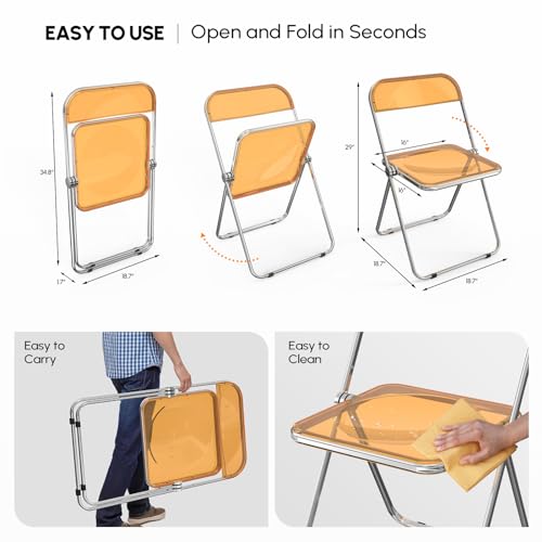 VINGLI Acrylic Folding Chairs 2 Pack, Clear Chair Foldable and Stackable, Plastic Panel & Metal Chrome Frame, Weight Capacity 350 lbs, Transparent