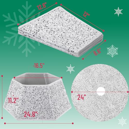 Mr. Pen- Silver Sequin Christmas Tree Skirt and Tree Collar, 24 Inch Base Cover, 24.8 Inch Foldable Sparkling Sequin Trees Skirt Collar, Christmas Skirt Tree