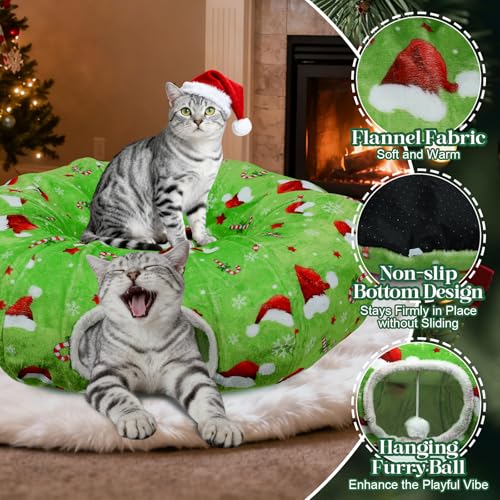 Christmas Cat Tunnel Tree Skirt – Warm Flannel Donut Tunnel Bed with Soft Cushion & Hanging Ball Toy, Peekaboo Cat Cave Under Tree for Indoor Cats to Prevent Christmas Tree Falling, Festive Green